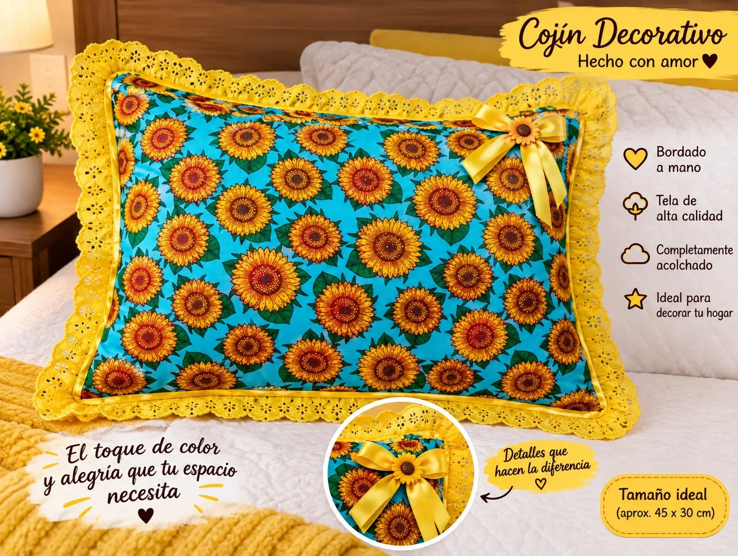 🌻💛 Cojín Decorativo de Girasoles | Con Encaje y Lazo Artesanal