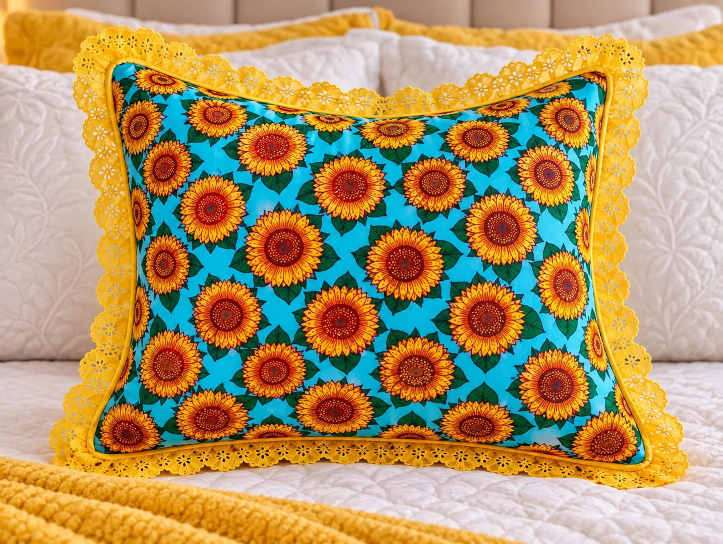 🌻💛 Cojín Decorativo de Girasoles | Con Encaje y Lazo Artesanal